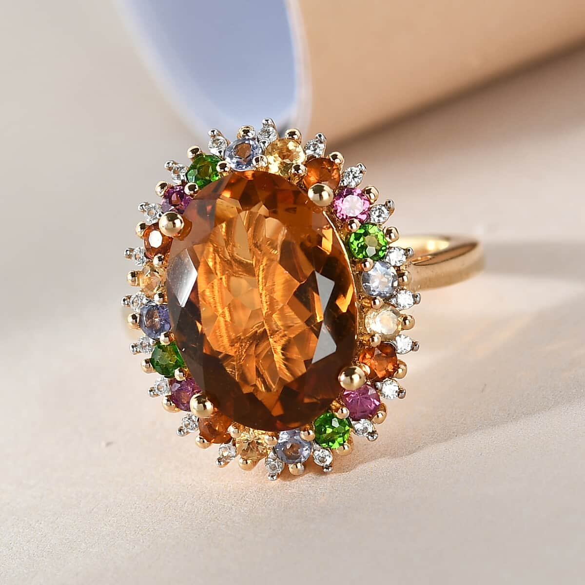 Santa Ana Madeira Citrine and Multi Gemstone Halo Ring in Vermeil Yellow Gold Over Sterling Silver (Size 8.0) 6.25 ctw image number 1