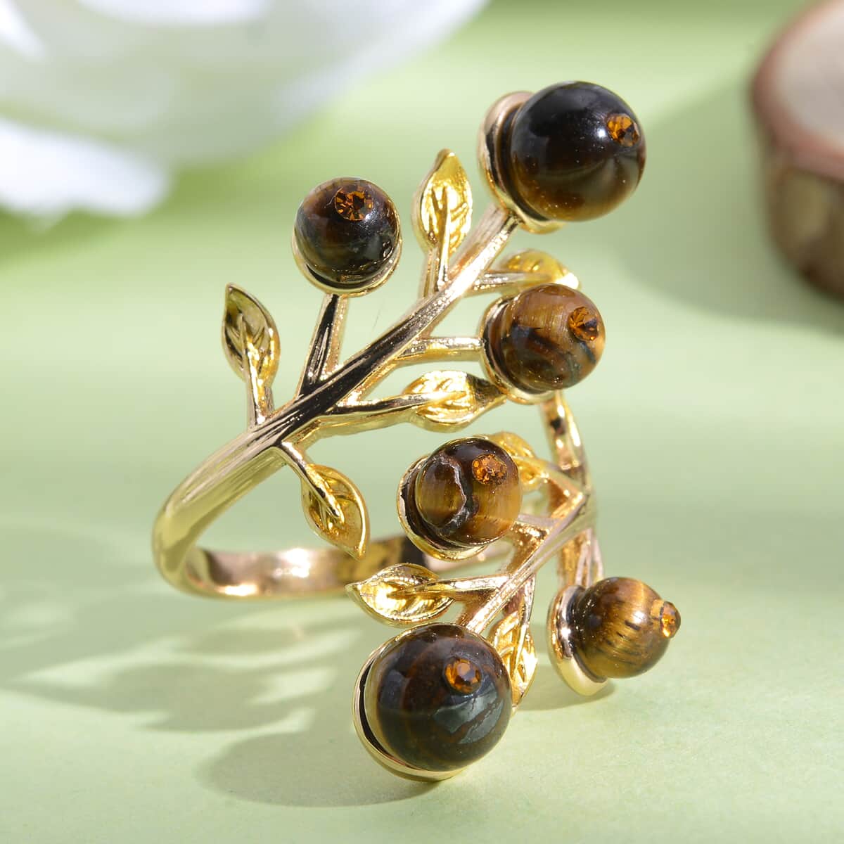 South African Yellow Tiger's Eye and Champagne Austrian Crystal Leaf Bypass Adjustable Ring in Goldtone (Size 6-9) 2.20 ctw image number 1