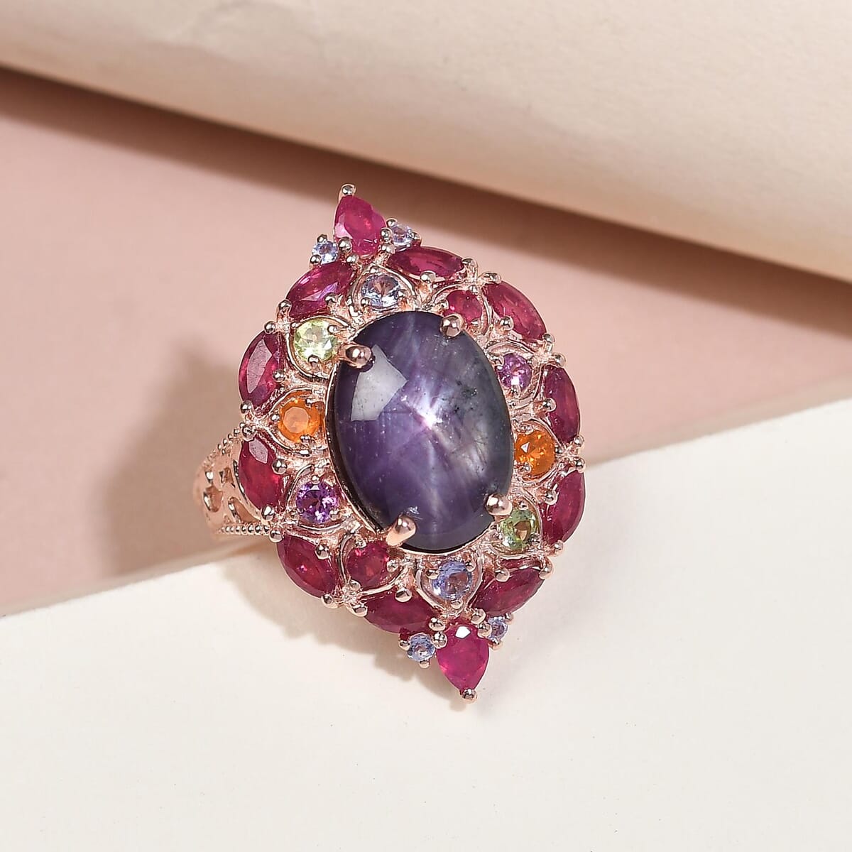 Indian Star Ruby and Multi Gemstone Cocktail Ring in Vermeil Rose Gold Over Sterling Silver (Size 9.0) 14.35 ctw image number 1