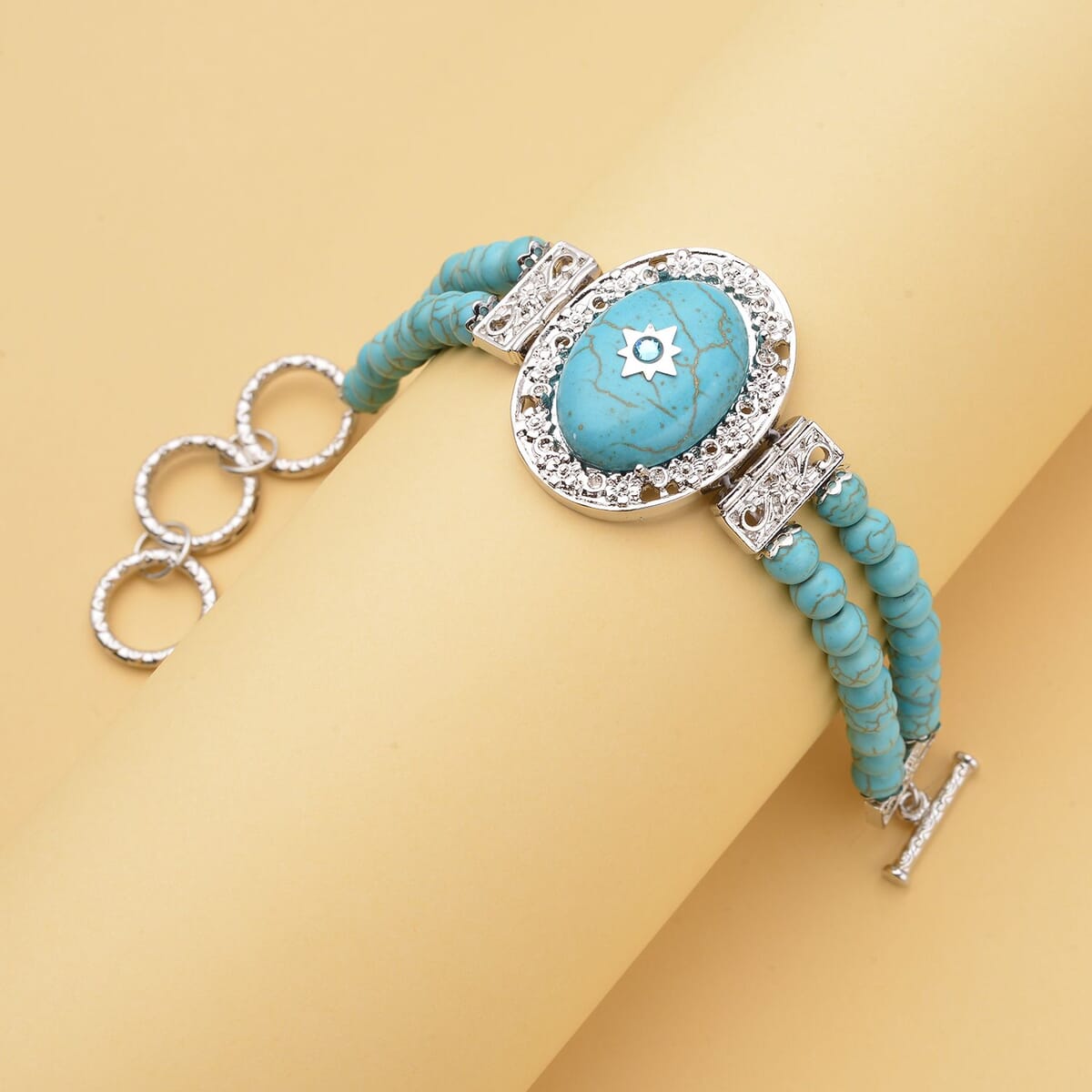 Blue Howlite and Light Blue Austrian Crystal Two Row Beaded Bracelet in Silvertone (7-8.5In) 53.00 ctw image number 1