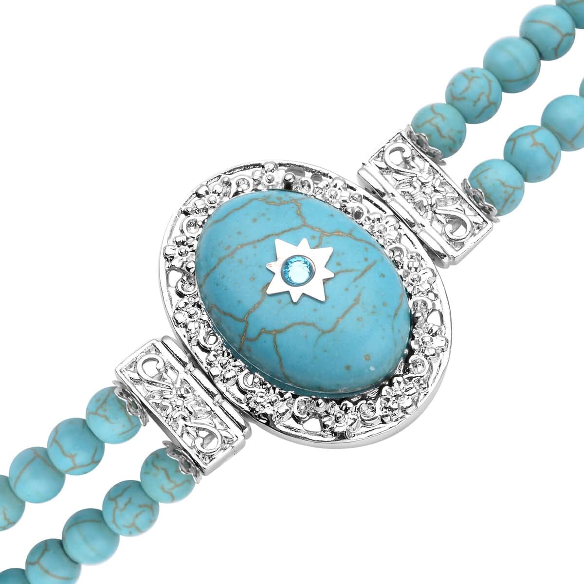 Blue Howlite and Light Blue Austrian Crystal Two Row Beaded Bracelet in Silvertone (7-8.5In) 53.00 ctw image number 2