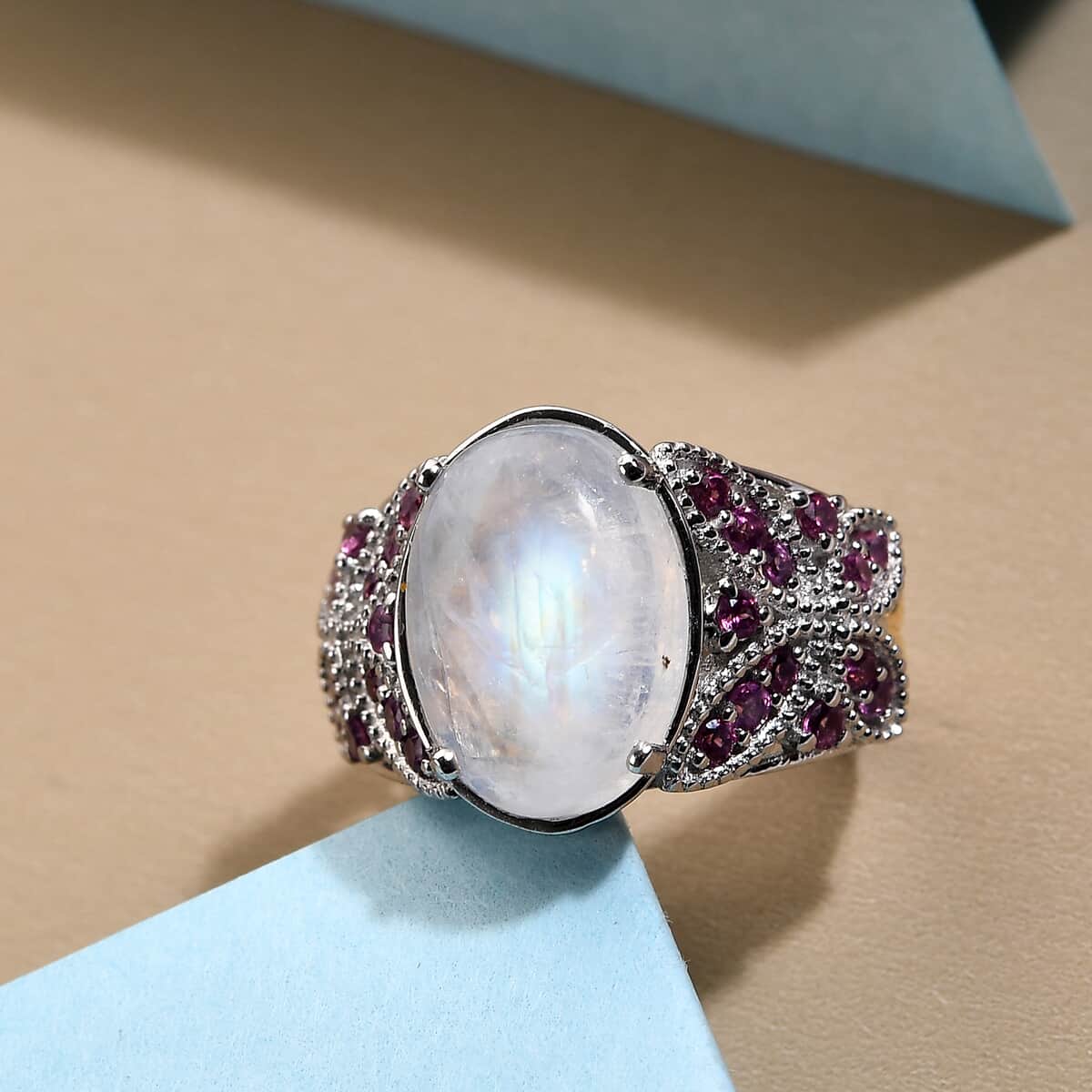 Kuisa Rainbow Moonstone and Orissa Rhodolite Garnet Ring in Vermeil Yellow Gold and Platinum Over Sterling Silver (Size 8.0) 7.25 ctw image number 1