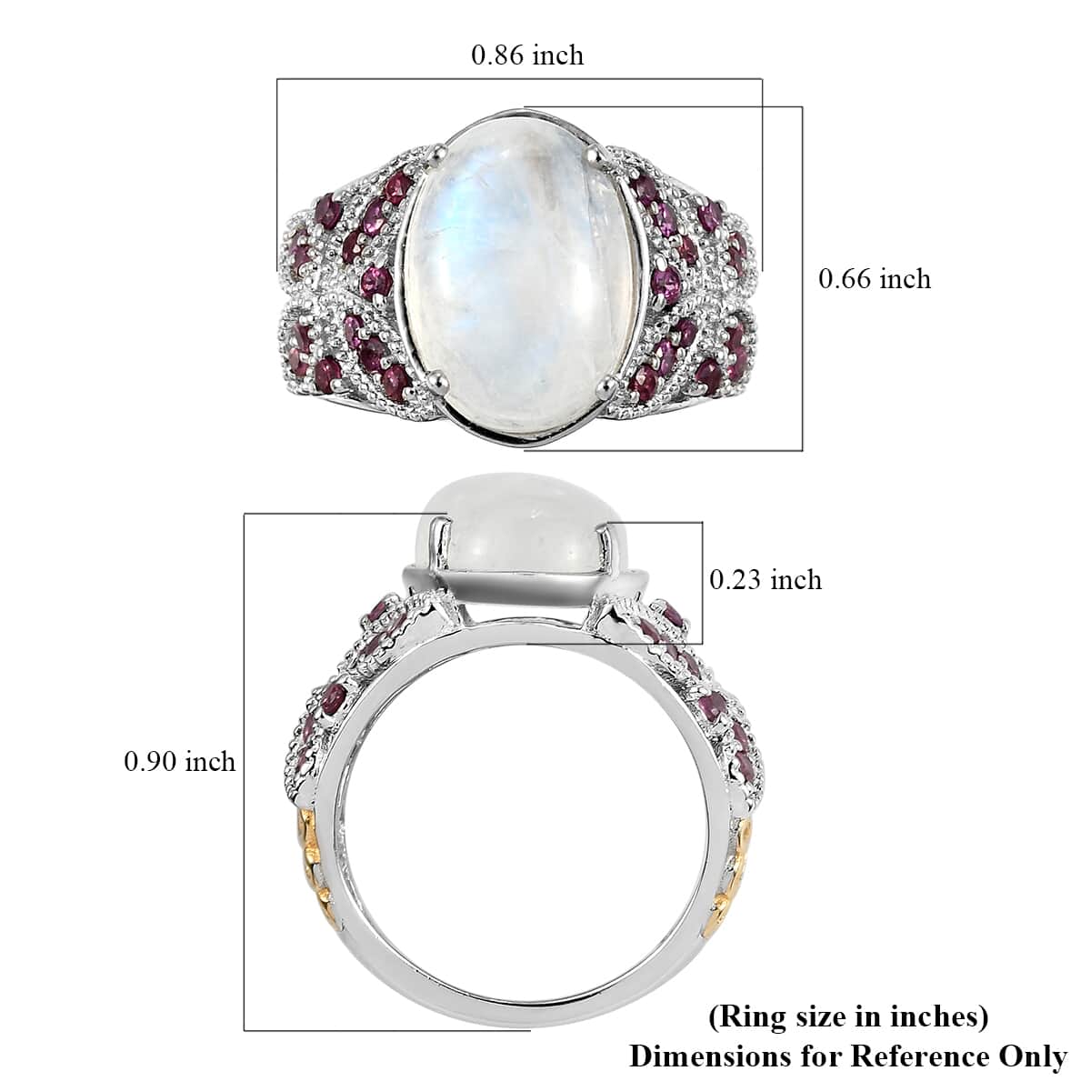 Kuisa Rainbow Moonstone and Orissa Rhodolite Garnet Ring in Vermeil Yellow Gold and Platinum Over Sterling Silver (Size 8.0) 7.25 ctw image number 5