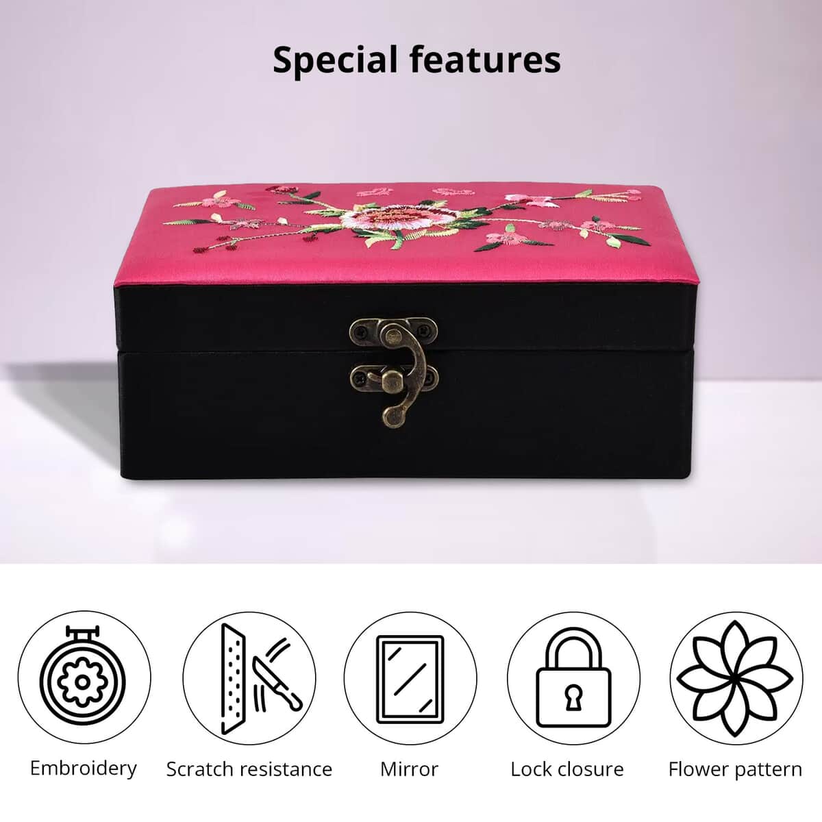 Rose Red Flower Pattern Embroidery Satin Jewelry Box with Lock image number 1