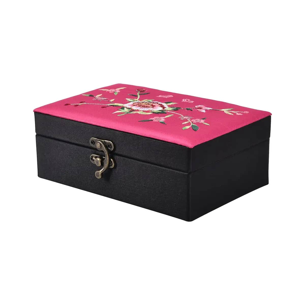 Rose Red Flower Pattern Embroidery Satin Jewelry Box with Lock image number 4