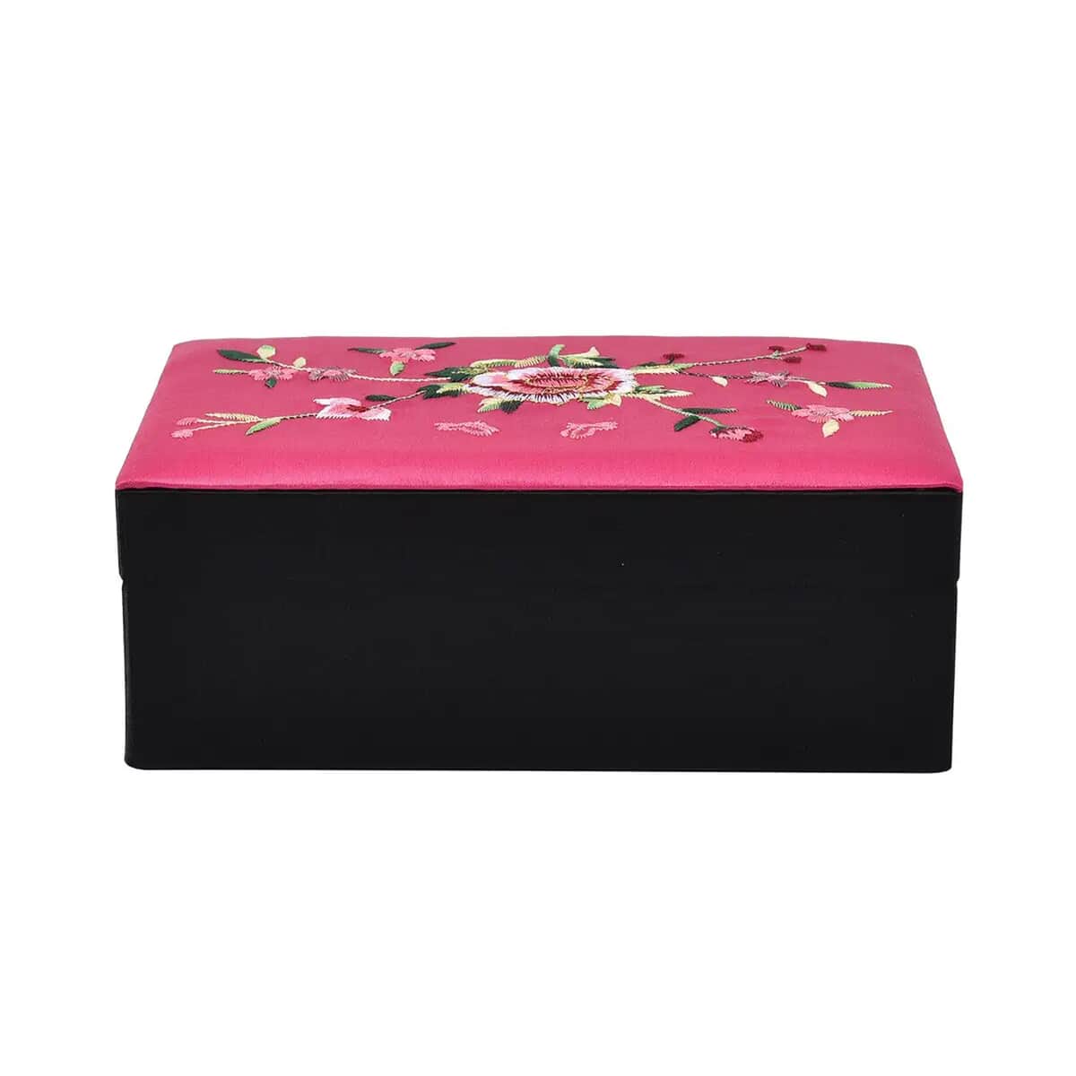 Rose Red Flower Pattern Embroidery Satin Jewelry Box with Lock image number 5