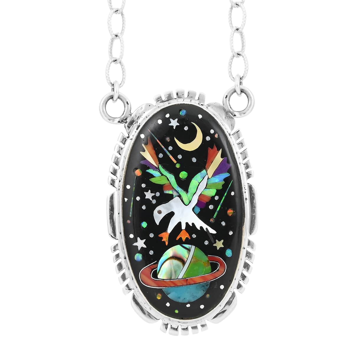 ONE OF A KIND SANTA FE Style Black Onyx and Multi Gemstone Eagle in Galaxy Necklace 18 Inches in Sterling Silver 12.10 Grams (Made in USA) 4.75 ctw image number 0
