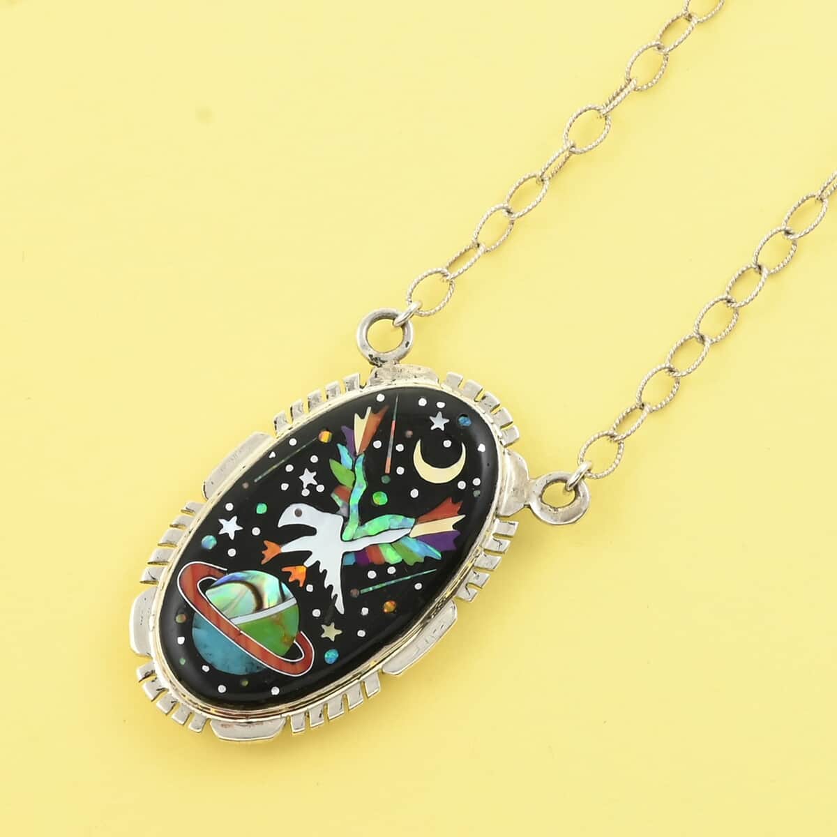 ONE OF A KIND SANTA FE Style Black Onyx and Multi Gemstone Eagle in Galaxy Necklace 18 Inches in Sterling Silver 12.10 Grams (Made in USA) 4.75 ctw image number 2