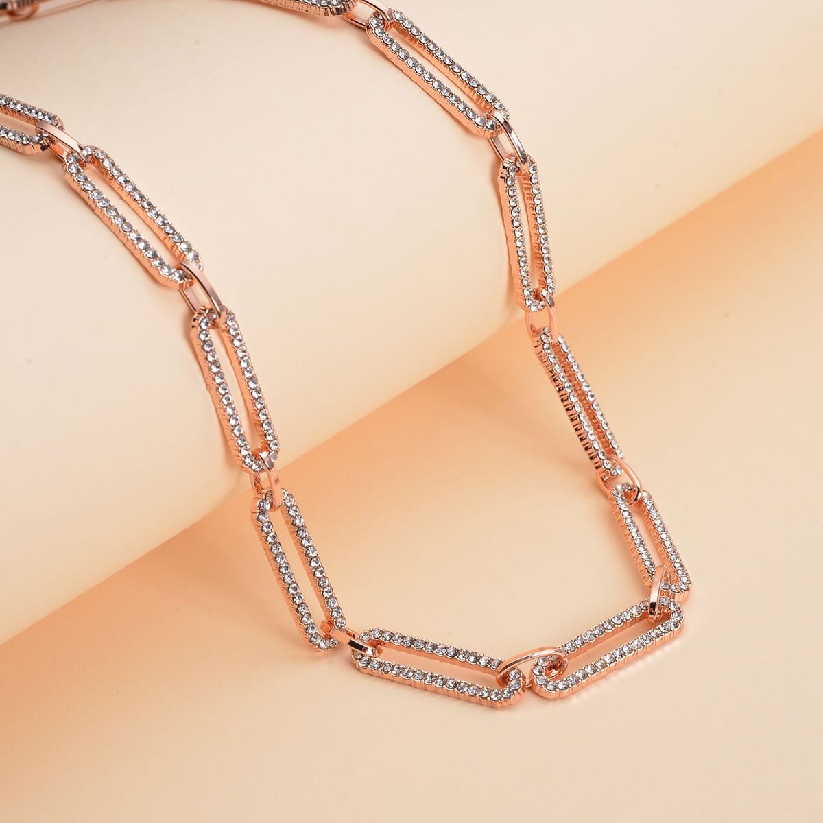 White Austrian Crystal Paperclip Chain Necklace 18-22 Inches in Rosetone image number 1