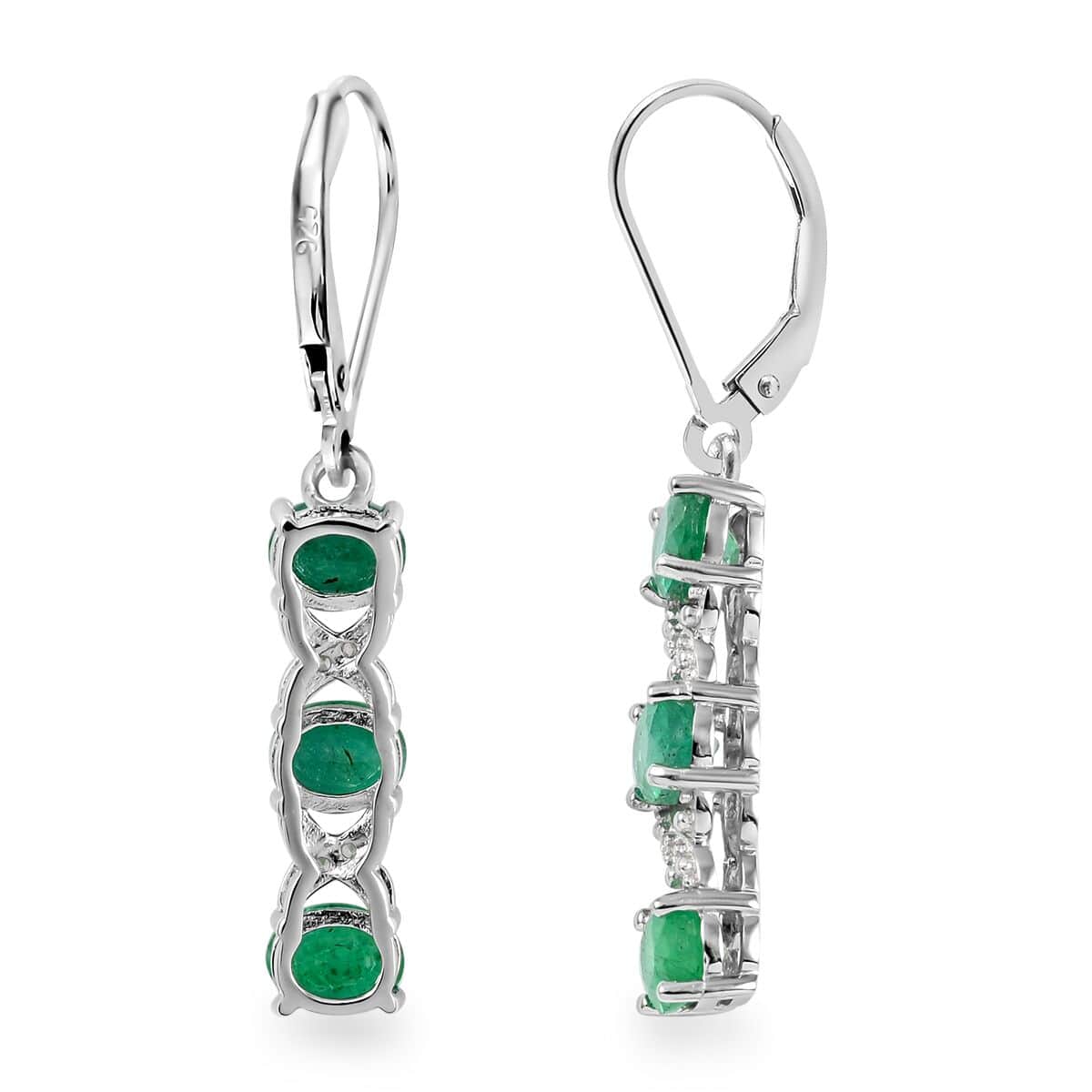 AAA Kagem Emerald and White Zircon Lever Back Earrings in Rhodium Over Sterling Silver 2.00 ctw image number 3