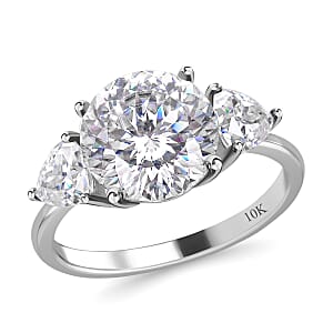 10K White Gold 120 Facet Moissanite (Rnd 10mm) Trilogy Ring (Size 10.0) 4.40 ctw