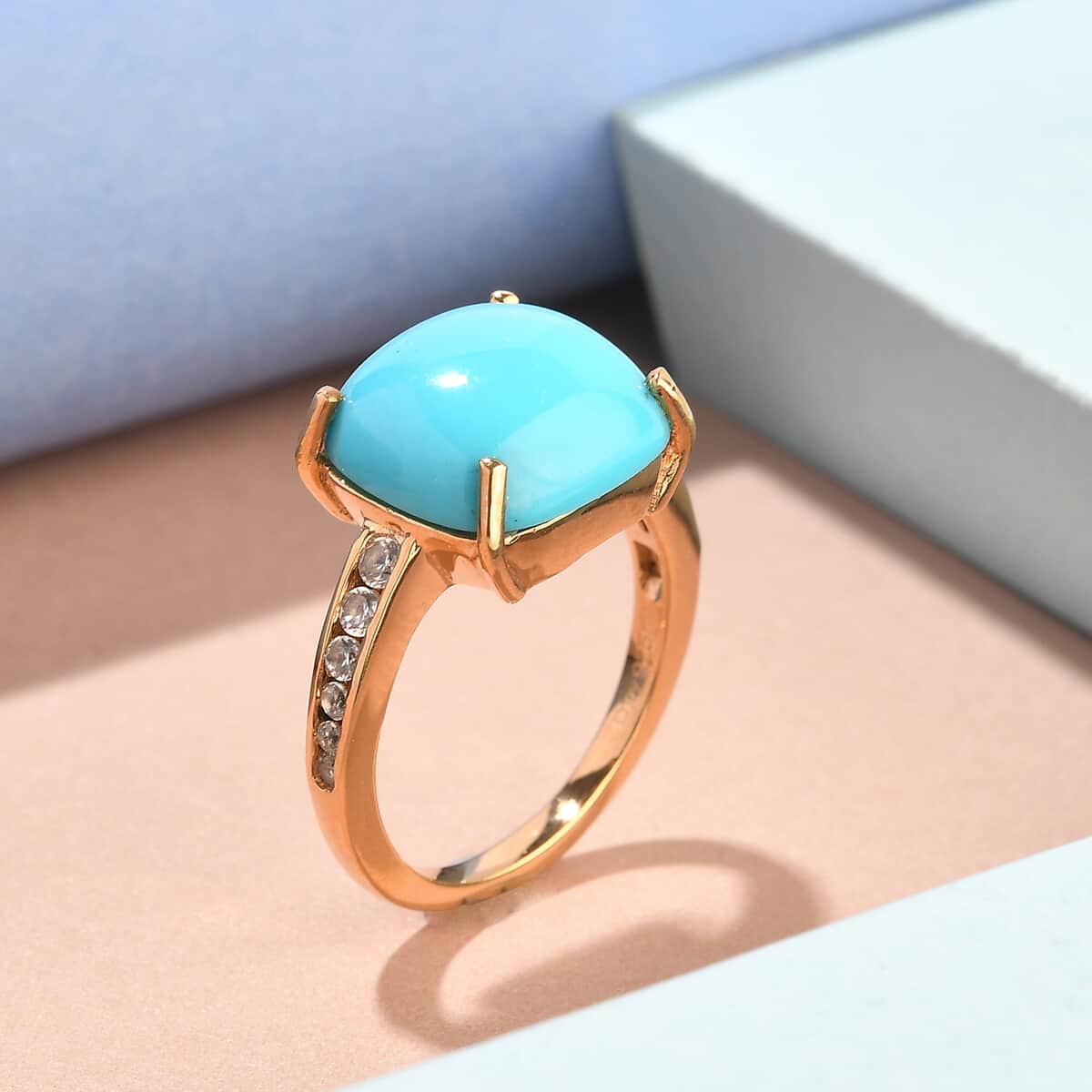 American Natural Sleeping Beauty Turquoise and Natural White Zircon Ring in Vermeil Yellow Gold Over Sterling Silver (Size 7.0) 5.85 ctw image number 1