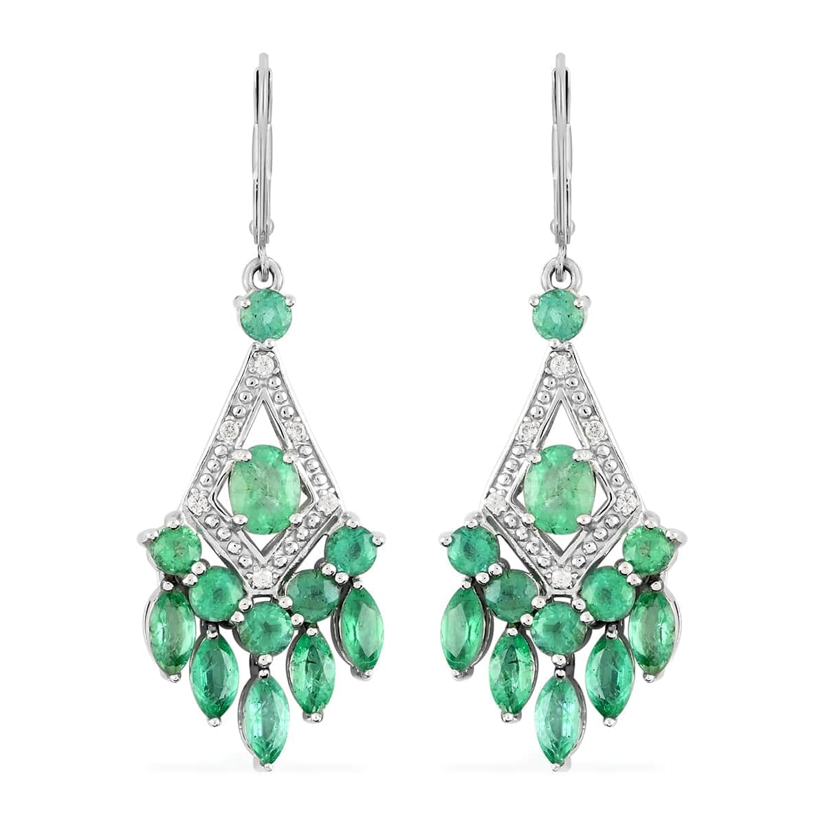 AAA Kagem Zambian Intense Green Emerald and Natural White Zircon Chandelier Earrings in Rhodium Over Sterling Silver 3.30 ctw image number 0