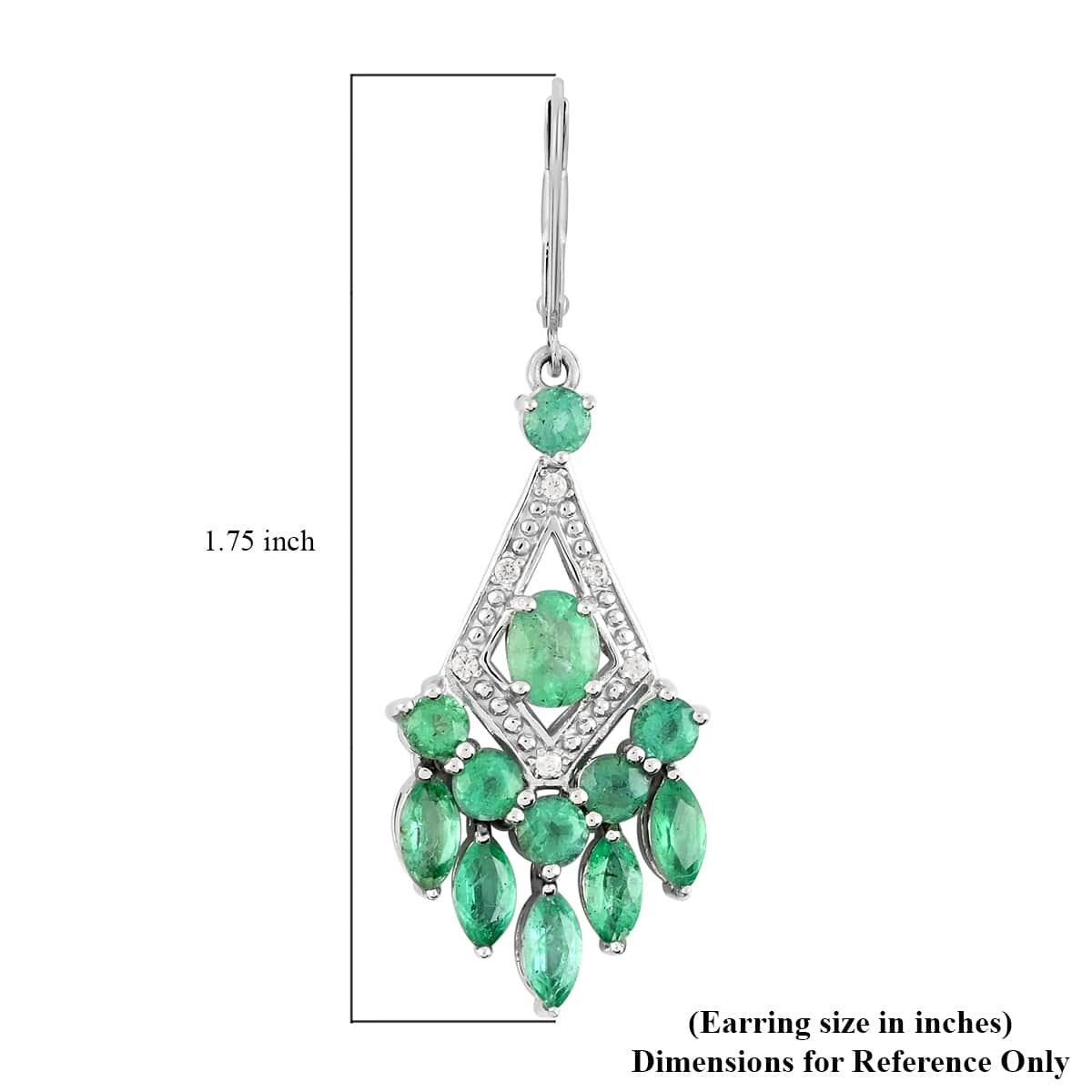 AAA Kagem Zambian Intense Green Emerald and Natural White Zircon Chandelier Earrings in Rhodium Over Sterling Silver 3.30 ctw image number 4