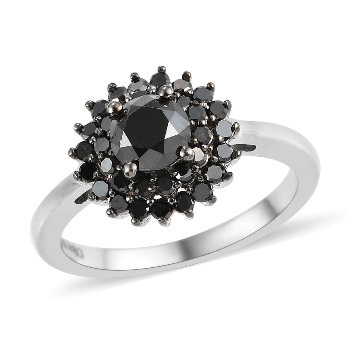Black Diamond Halo Floral Ring in Platinum Over Sterling Silver (Size 7.0) 1.00 ctw image number 0