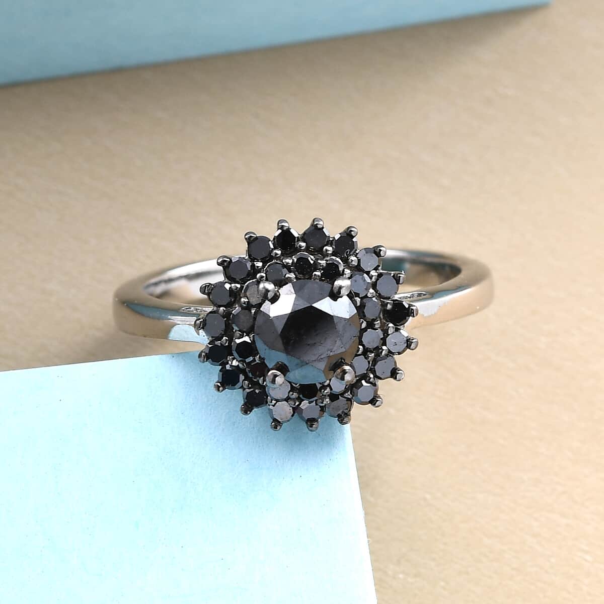 Black Diamond Halo Floral Ring in Platinum Over Sterling Silver (Size 7.0) 1.00 ctw image number 1