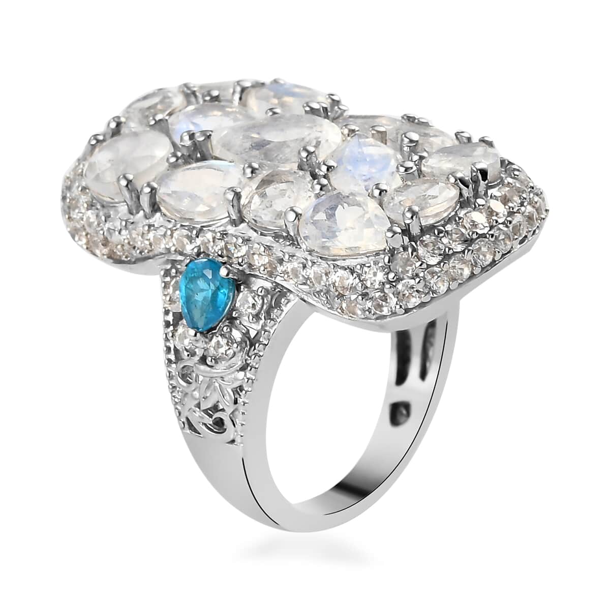 Kuisa Rainbow Moonstone and Multi Gemstone Cluster Ring in Platinum Over Sterling Silver (Size 8.0) 6.85 ctw image number 3