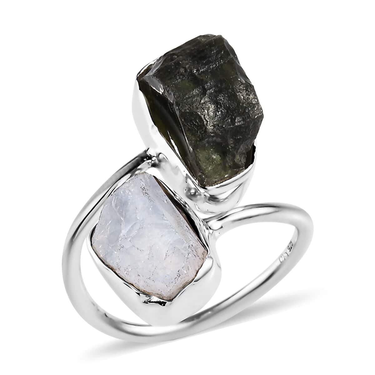 Artisan Crafted Rough Cut Bohemian Moldavite and Rainbow Moonstone Bypass Ring in Sterling Silver (Size 7.0) 8.90 ctw image number 0