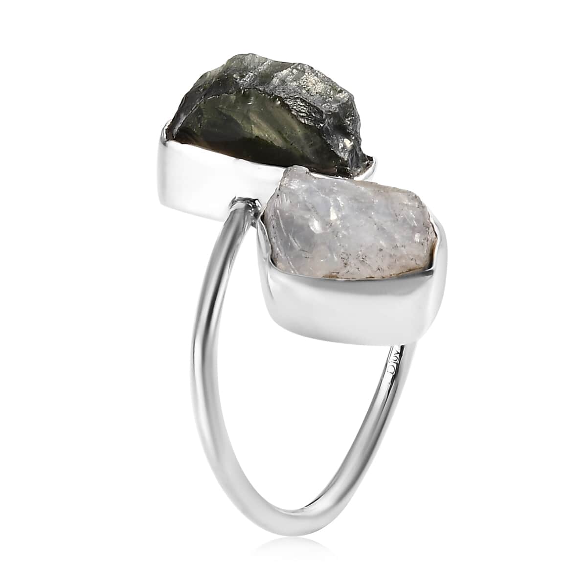 Artisan Crafted Rough Cut Bohemian Moldavite and Rainbow Moonstone Bypass Ring in Sterling Silver (Size 7.0) 8.90 ctw image number 3