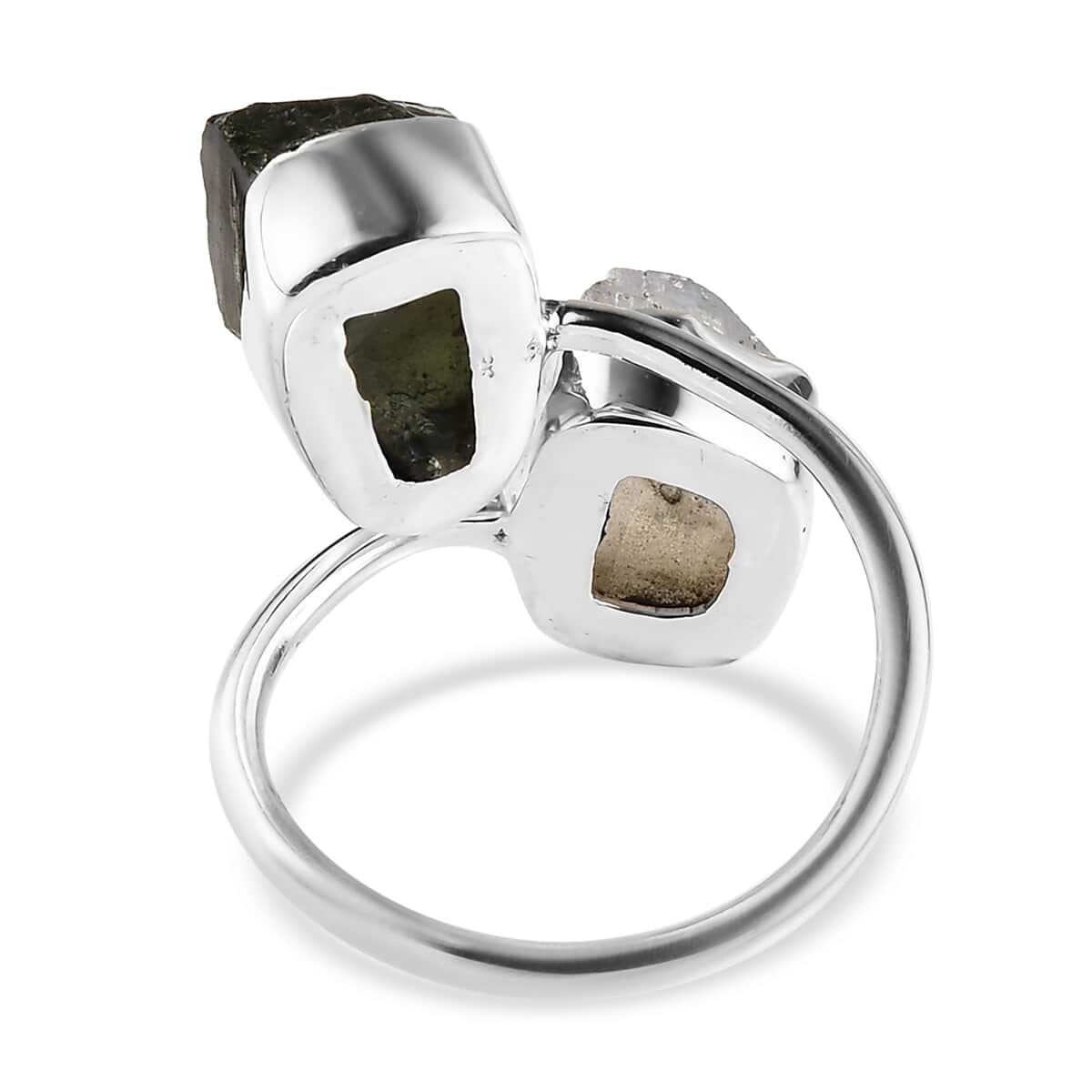 Artisan Crafted Rough Cut Bohemian Moldavite and Rainbow Moonstone Bypass Ring in Sterling Silver (Size 7.0) 8.90 ctw image number 4
