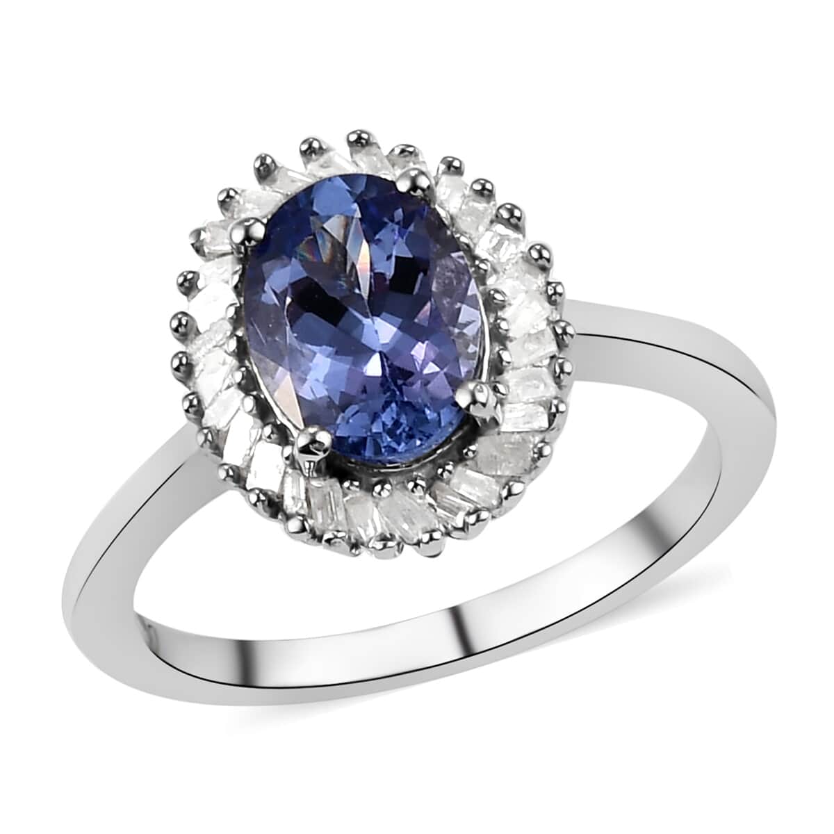 Tanzanite and Diamond Halo Ring in Platinum Over Sterling Silver (Size 6.0) 1.40 ctw image number 0