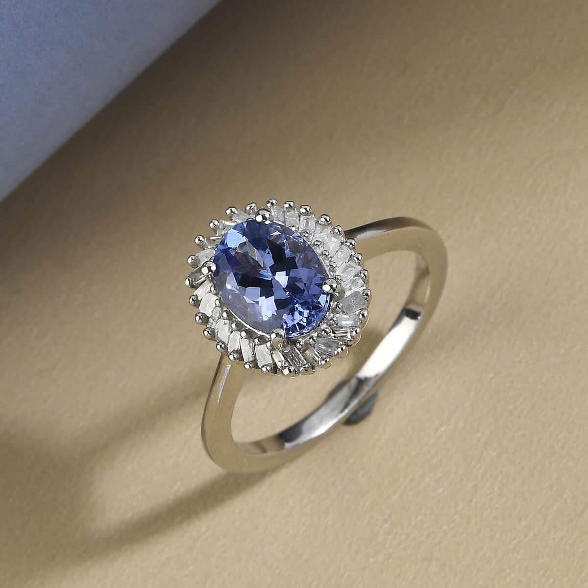 Tanzanite and Diamond Halo Ring in Platinum Over Sterling Silver (Size 6.0) 1.40 ctw image number 1