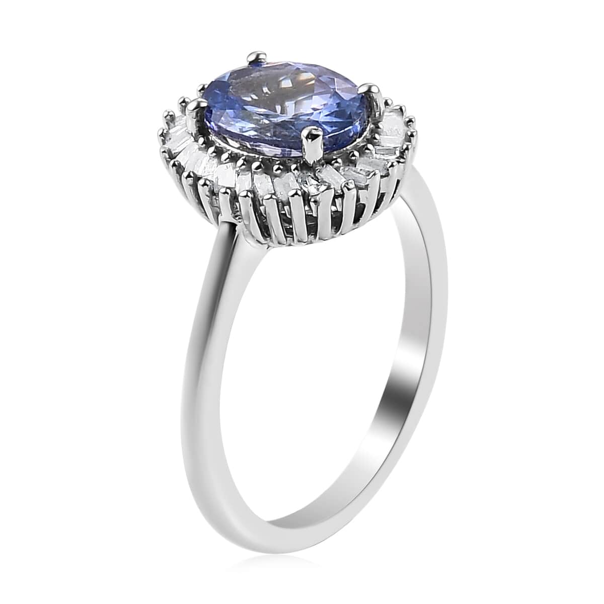 Tanzanite and Diamond Halo Ring in Platinum Over Sterling Silver (Size 6.0) 1.40 ctw image number 3