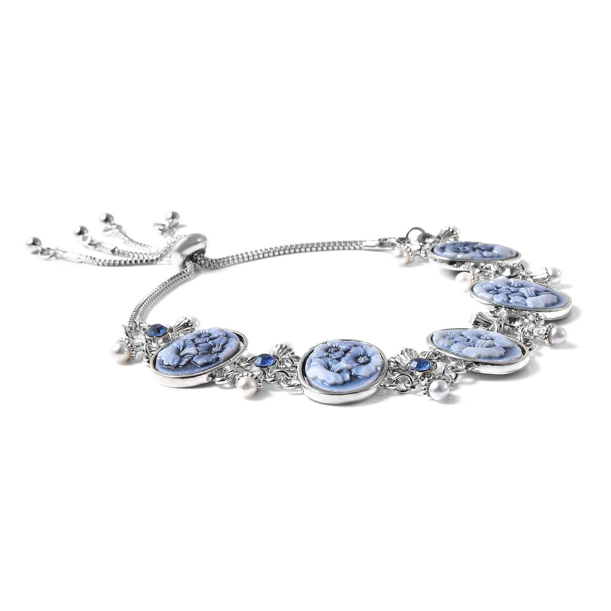 Blue Color Resin, Blue Austrian Crystal and Simulated Pearl Bolo Bracelet in Silvertone image number 2