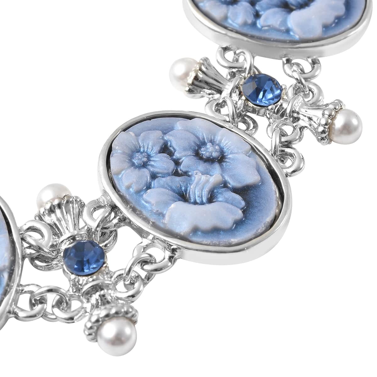 Blue Color Resin, Blue Austrian Crystal and Simulated Pearl Bolo Bracelet in Silvertone image number 3